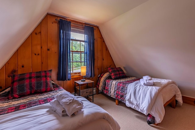7271 Windham Hill Rd, Windham, VT 05359 - bedroom with lofted ceiling, wooden walls, and carpet flooring