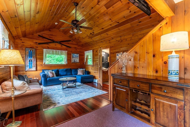 7271 Windham Hill Rd, Windham, VT 05359 - living area featuring wooden walls, vaulted ceiling, wood-type flooring, ceiling fan, and wooden ceiling