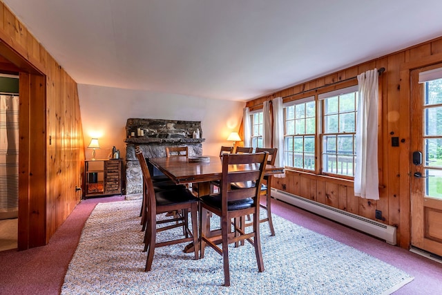 7271 Windham Hill Rd, Windham, VT 05359 - carpeted dining area featuring baseboard heating and wood walls