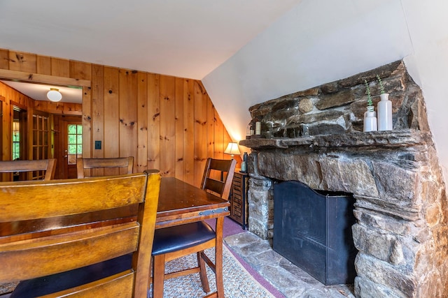 7271 Windham Hill Rd, Windham, VT 05359 - dining area featuring wood walls and a stone fireplace