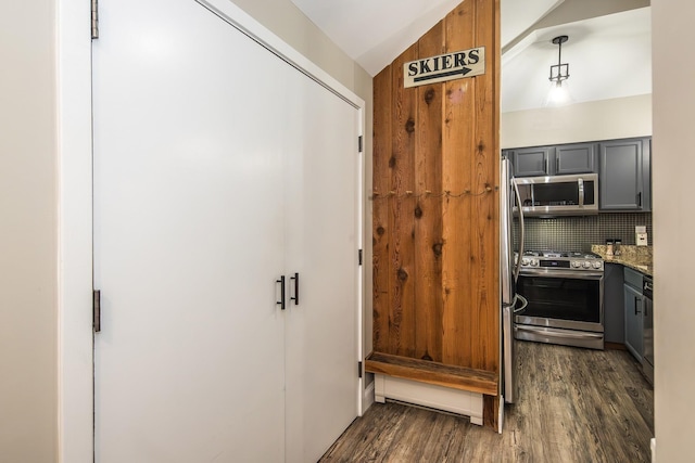 267 Village Cir Unit V-15, Killington, VT 05751 - hall featuring lofted ceiling and dark wood-style flooring