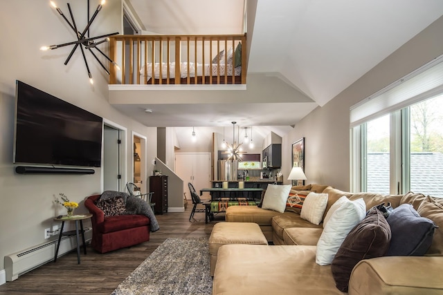 267 Village Cir Unit V-15, Killington, VT 05751 - living room with a chandelier, dark wood-type flooring, a baseboard heating unit, and lofted ceiling