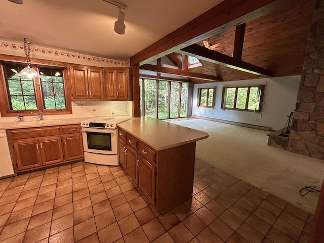 12 Juniper Ridge Rd, Exeter, NH 03833 - kitchen featuring white appliances, light colored carpet, a peninsula, open floor plan, and light countertops