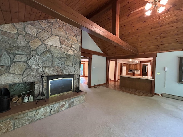 12 Juniper Ridge Rd, Exeter, NH 03833 - unfurnished living room with a wooden ceiling with exposed beams, carpet floors, a baseboard radiator, a fireplace, and high vaulted ceiling