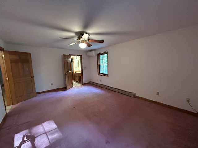 12 Juniper Ridge Rd, Exeter, NH 03833 - unfurnished bedroom with a baseboard radiator, an AC wall unit, connected bathroom, light colored carpet, and a ceiling fan