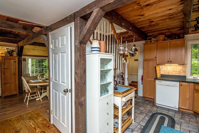 435 Rolling Ridge Rd, Bartlett, NH 03812 - kitchen with white dishwasher, dark countertops, decorative backsplash, and beam ceiling
