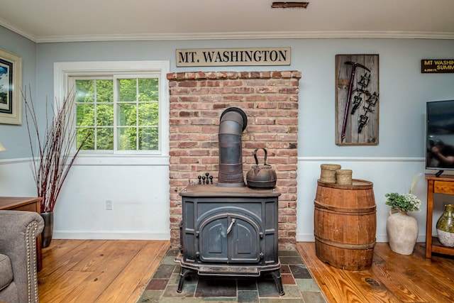 435 Rolling Ridge Rd, Bartlett, NH 03812 - detailed view of crown molding and a wood stove