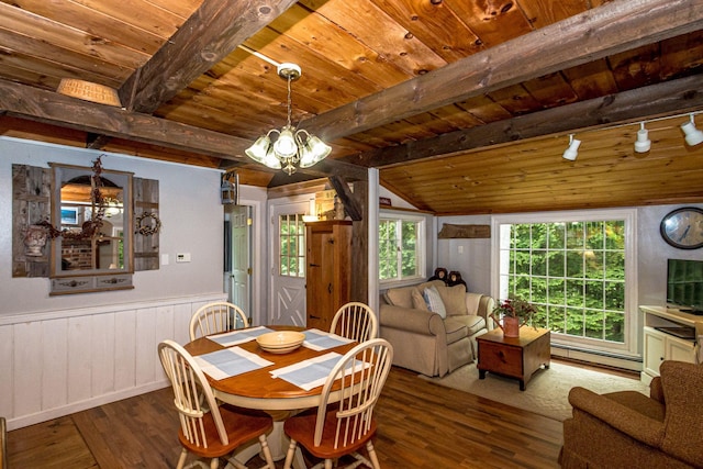 435 Rolling Ridge Rd, Bartlett, NH 03812 - dining area featuring baseboard heating, wood ceiling, dark wood finished floors, a chandelier, and a wainscoted wall