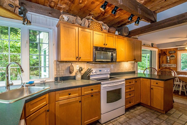 435 Rolling Ridge Rd, Bartlett, NH 03812 - kitchen featuring black microwave, electric range, a peninsula, backsplash, and a wooden ceiling with exposed beams