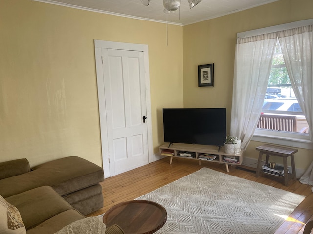 7-9 Elm St, Waterbury, VT 05676 - living area featuring wood-type flooring, ornamental molding, and a ceiling fan
