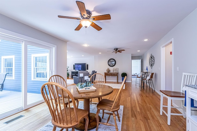 48 Cider Mill Rd, Bedford, NH 03110 - dining area featuring ceiling fan, light wood-style floors, and recessed lighting