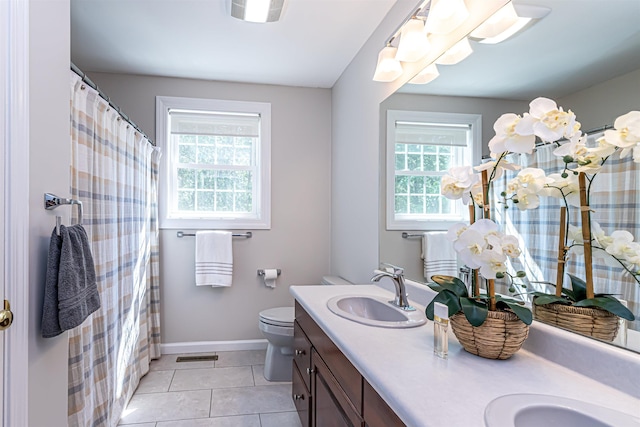 48 Cider Mill Rd, Bedford, NH 03110 - bathroom featuring plenty of natural light, double vanity, tile patterned flooring, and curtained shower