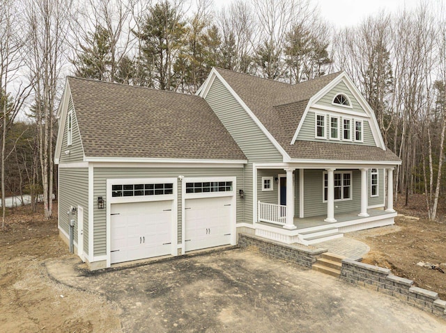 131 Exeter Rd, North Hampton, NH 03862 - view of front of property featuring covered porch, an attached garage, a shingled roof, and asphalt driveway