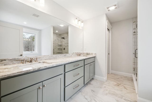 131 Exeter Rd, North Hampton, NH 03862 - full bathroom featuring a marble finish shower, double vanity, and marble look tile flooring