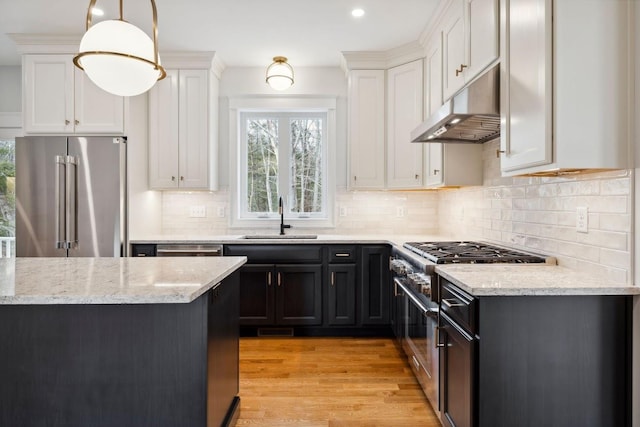 131 Exeter Rd, North Hampton, NH 03862 - kitchen featuring premium appliances, under cabinet range hood, light wood-style floors, light stone countertops, and white cabinets
