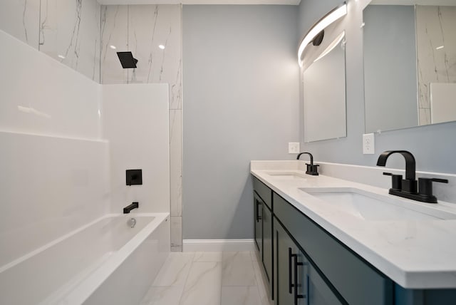 13 Raven St, Nashua, NH 03060 - full bath featuring marble look tiles, double vanity, and shower / washtub combination