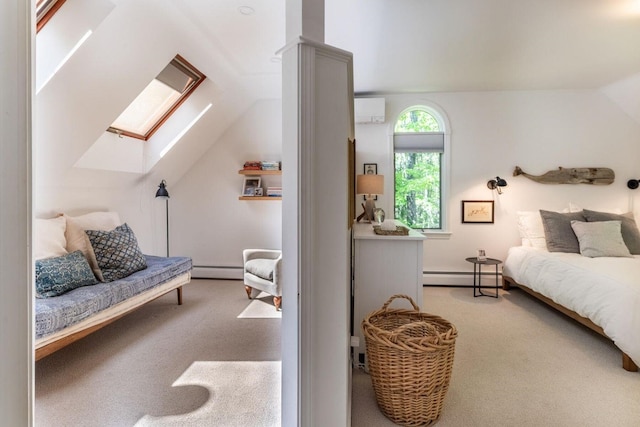137 Wildes District Rd, Kennebunkport, ME 04046 - carpeted bedroom featuring baseboard heating, a skylight, vaulted ceiling, and a wall mounted AC
