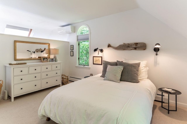 137 Wildes District Rd, Kennebunkport, ME 04046 - bedroom with an AC wall unit, light colored carpet, a baseboard heating unit, and lofted ceiling
