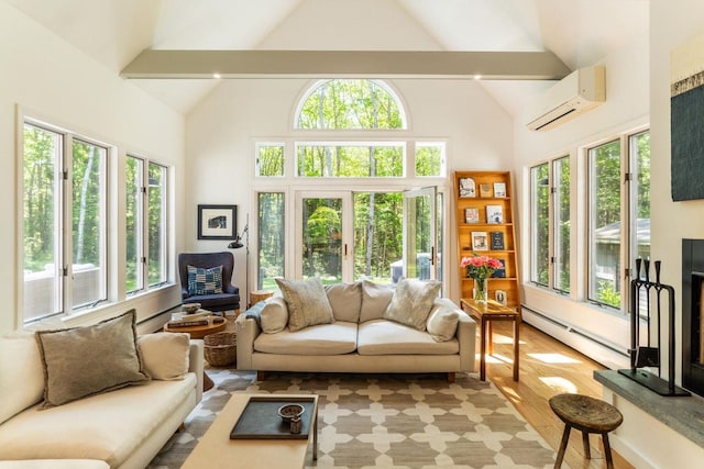 137 Wildes District Rd, Kennebunkport, ME 04046 - sunroom with a baseboard heating unit, a wall unit AC, high vaulted ceiling, wood finished floors, and french doors