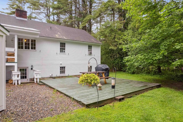 8 Willow Spring Ln, Hanover, NH 03755 - back of house featuring a yard, a wooden deck, a shingled roof, and a chimney