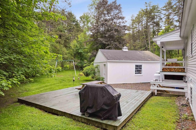 8 Willow Spring Ln, Hanover, NH 03755 - wooden terrace with a lawn, a grill, and an outbuilding