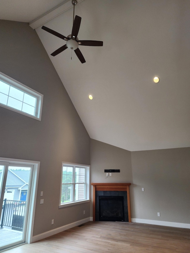 22 John Hardie Way, Chichester, NH 03234 - unfurnished living room featuring high vaulted ceiling, beamed ceiling, a fireplace, light wood-type flooring, and ceiling fan