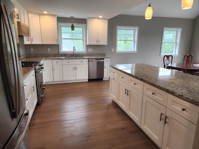 22 John Hardie Way, Chichester, NH 03234 - kitchen with stainless steel appliances, healthy amount of natural light, white cabinets, dark wood-style floors, and recessed lighting