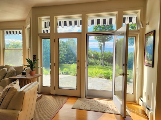 201 Lower Judson Ln, Stowe, VT 05672 - doorway to outside with baseboard heating, light wood-style flooring, french doors, and plenty of natural light