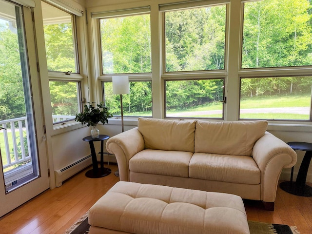 201 Lower Judson Ln, Stowe, VT 05672 - living area featuring hardwood / wood-style floors, plenty of natural light, and baseboard heating