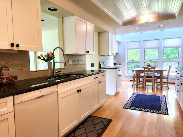 201 Lower Judson Ln, Stowe, VT 05672 - kitchen with dishwasher, light wood-style flooring, white cabinets, wood ceiling, and backsplash