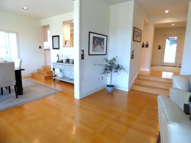 201 Lower Judson Ln, Stowe, VT 05672 - living room with light wood-type flooring, recessed lighting, and stairs