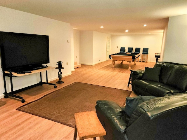 201 Lower Judson Ln, Stowe, VT 05672 - living room featuring billiards, wood finished floors, and recessed lighting