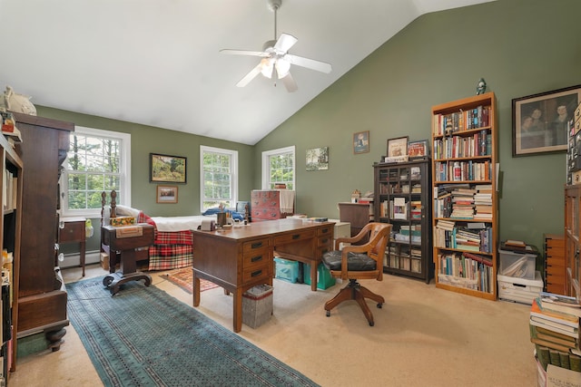 4 June Bug Ln, Wolfeboro, NH 03894 - carpeted office featuring baseboard heating, a ceiling fan, and high vaulted ceiling