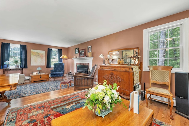4 June Bug Ln, Wolfeboro, NH 03894 - living area with healthy amount of natural light, wood finished floors, and a brick fireplace
