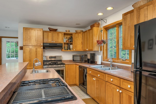 481 New Orchard Rd, Epsom, NH 03234 - kitchen with black appliances, ventilation hood, recessed lighting, light countertops, and open shelves