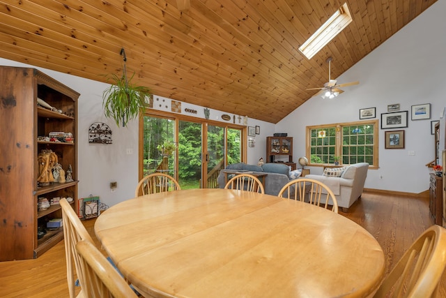 481 New Orchard Rd, Epsom, NH 03234 - dining area with light wood-type flooring, high vaulted ceiling, ceiling fan, wood ceiling, and a skylight