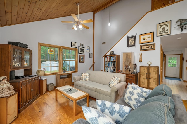 481 New Orchard Rd, Epsom, NH 03234 - living room with light wood-style flooring, ceiling fan, high vaulted ceiling, and wooden ceiling