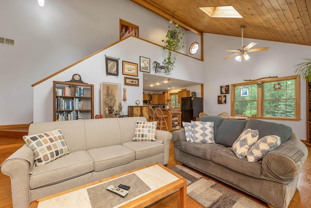 481 New Orchard Rd, Epsom, NH 03234 - living area with wood finished floors, ceiling fan, wooden ceiling, a skylight, and high vaulted ceiling
