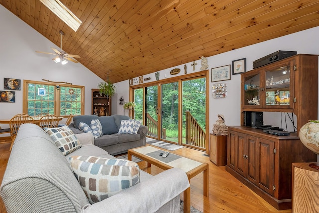 481 New Orchard Rd, Epsom, NH 03234 - living area featuring light wood-type flooring, healthy amount of natural light, a ceiling fan, high vaulted ceiling, and wooden ceiling