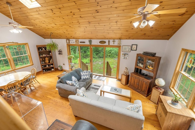 481 New Orchard Rd, Epsom, NH 03234 - living area featuring vaulted ceiling, ceiling fan, light wood-style floors, wooden ceiling, and a skylight