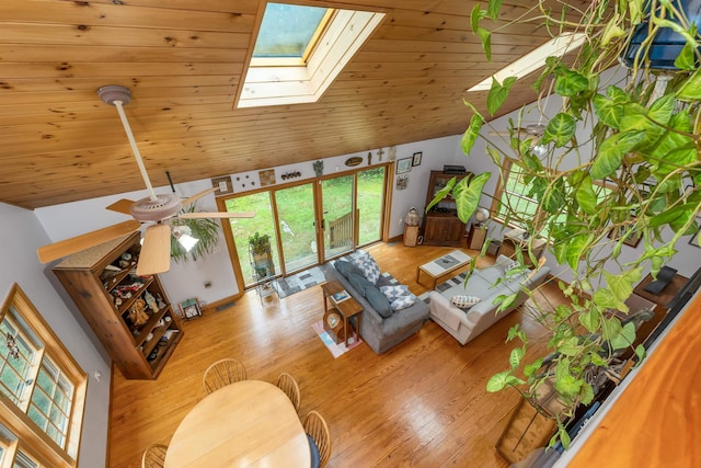481 New Orchard Rd, Epsom, NH 03234 - living room featuring lofted ceiling, a skylight, plenty of natural light, ceiling fan, and wood finished floors