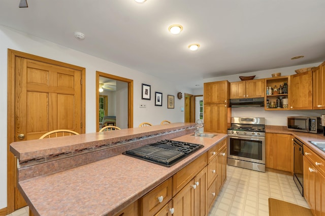 481 New Orchard Rd, Epsom, NH 03234 - kitchen featuring black appliances, open shelves, under cabinet range hood, light floors, and light countertops