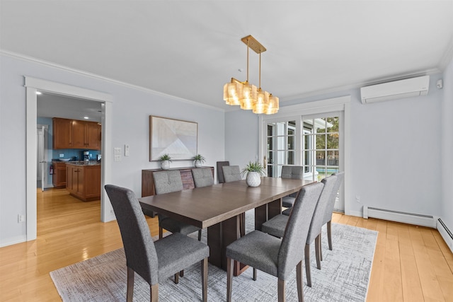 214 Upper Hollow Rd, Stowe, VT 05672 - dining room with a wall mounted AC, ornamental molding, light wood-style floors, a chandelier, and baseboard heating