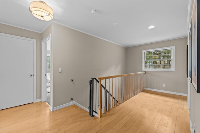 214 Upper Hollow Rd, Stowe, VT 05672 - corridor with an upstairs landing, light wood-type flooring, and ornamental molding
