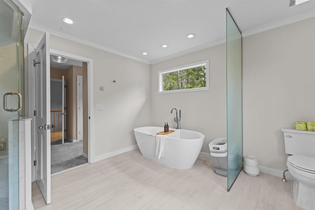 214 Upper Hollow Rd, Stowe, VT 05672 - bathroom featuring ornamental molding, wood finished floors, a freestanding tub, a stall shower, and recessed lighting
