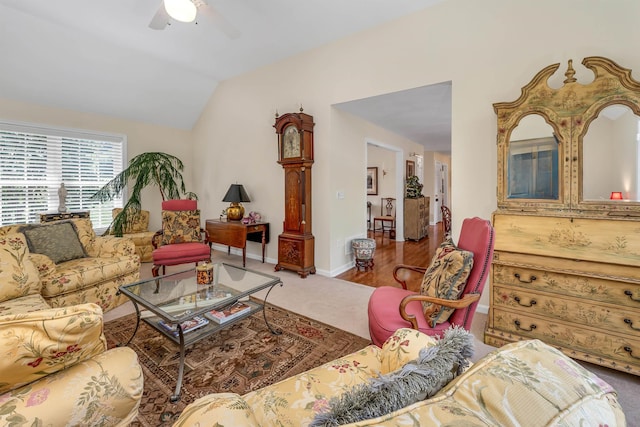 148 Deer Meadow Rd, Pittsfield, NH 03263 - carpeted living area featuring lofted ceiling and ceiling fan