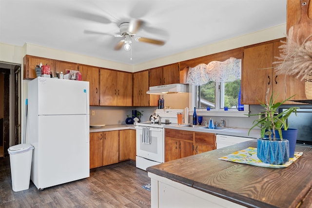 11 Dudley St, Randolph, VT 05660 - kitchen featuring white appliances, under cabinet range hood, a ceiling fan, and brown cabinetry