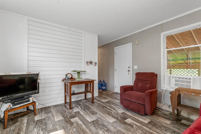 205 Windsor Rd, Hillsborough, NH 03244 - living area with wood finished floors, cooling unit, and ornamental molding