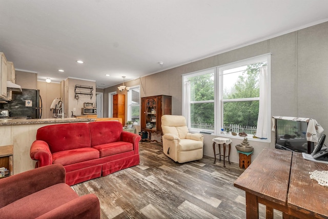 205 Windsor Rd, Hillsborough, NH 03244 - living area featuring wood finished floors, a chandelier, and recessed lighting