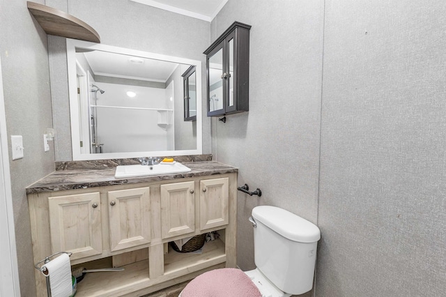 205 Windsor Rd, Hillsborough, NH 03244 - bathroom with ornamental molding, vanity, and a shower